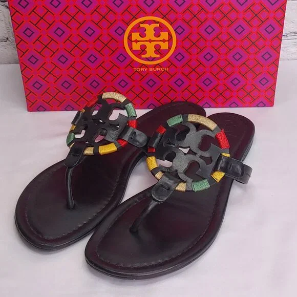 TORY BURCH 'MILLER' LEATHER THONG SANDALS EMBROIDERED W/'TB' BOX - Picture 9 of 16